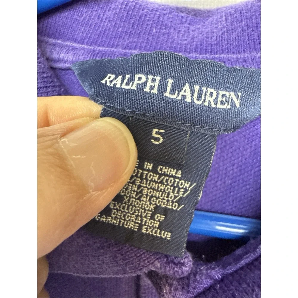 Ralph Lauren Girls Purple Long Sleeve Polo Dress Sz 5 Tiered Ruffle Hem Cotton